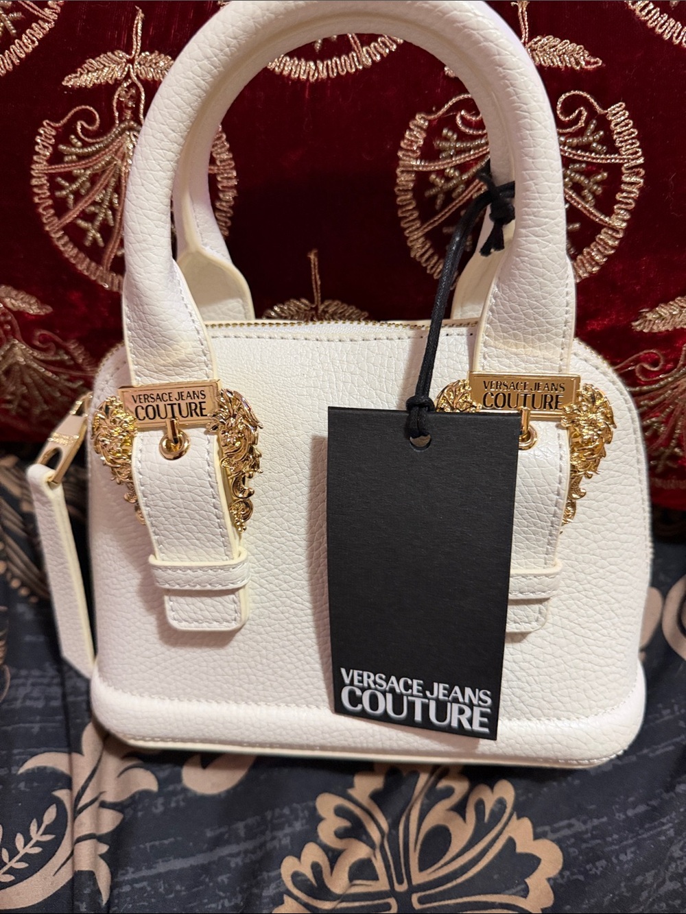 Versace Jeans Couture White Leather Mini Top-Handle Bag with Gold Accents
